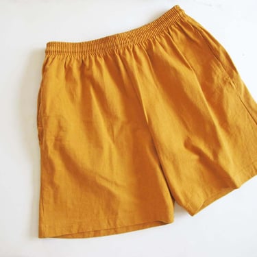 Vintage 90s Mustard Yellow Elastic Waist Shorts S M - 1990s Casual Cotton Mid Length Mom Shorts Inner Drawstring 