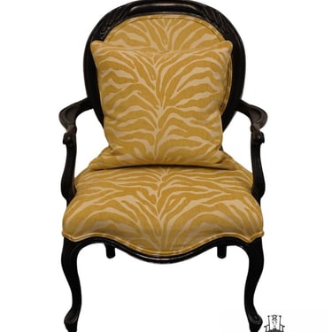 ETHAN ALLEN Black Lacquered Contemporary French Provincial Accent Arm Chair in Yellow Zebra Print Upholstery 