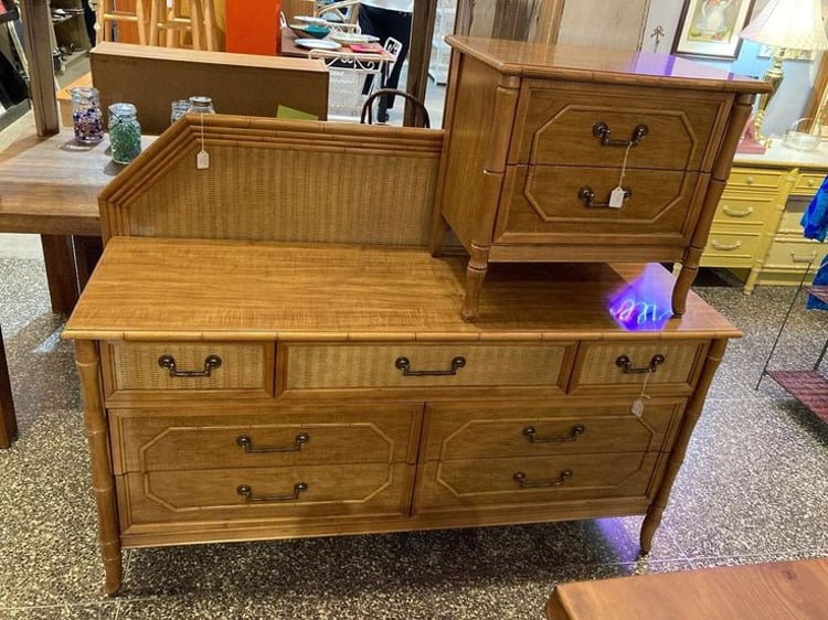 Broyhill faux bamboo dresser and nightstand Dresser is 60” x 19 x 30” Nightstand $195 24” x 16” x 22.5” Call 202-232-8171 to purchase