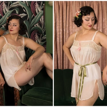 1920s Chemise - Ethereally Light Early Silk Step-In Style Pale Peach-Pink 20s Teddy with Wide Lace Trim and Vented Hips 