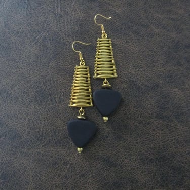 Gold statement earrings, chunky bold earrings, mid century earrings, black triangle earrings, modern 