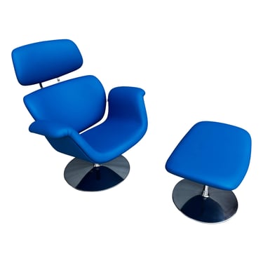 Pierre Paulin for Artifort Blue Leather Tulip Chair and Ottoman