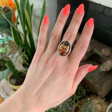 Riled Cat Reverse Carved Amber Sterling Ring