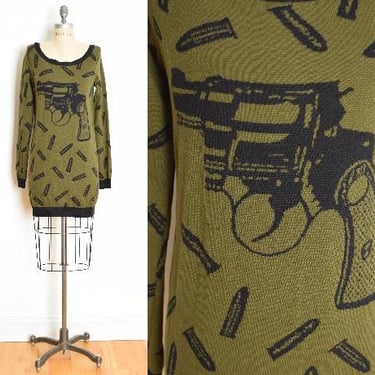 vintage Y2K dress Betsey Johnson green GUNS pistol sweater mini dress M L clothing 