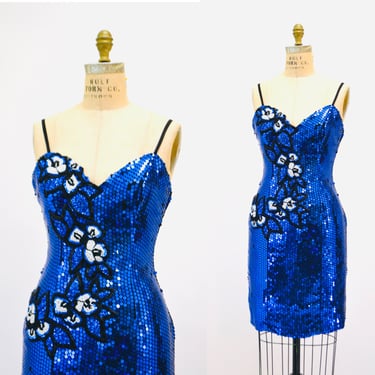 80s Vintage Prom Dress Blue Sequin Metallic Dress Small Medium// 80s Blue Metallic Sequin Party Dress Alyce designs Pageant Drag Queen Dress 