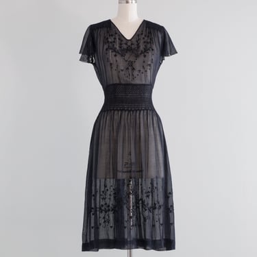 Beautiful 1920's Black Cotton Voile Hungarian Peasant Dress / Medium