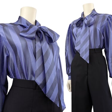 Vintage Tie Collar Cocktail Blouse, Large / Silky Purple Wide Sleeve Button Blouse / 1980s Striped Pussy Bow Dress Shirt 