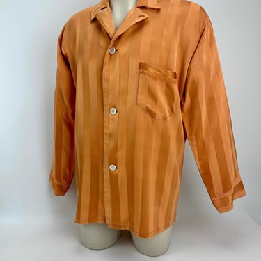 1940'S Pajama Lounge Shirt - TEXTRON LABEL - Wide Striped Rayon Jacquard Fabric - Notched Collar - Old Hollywood Style - Mens Size Large 