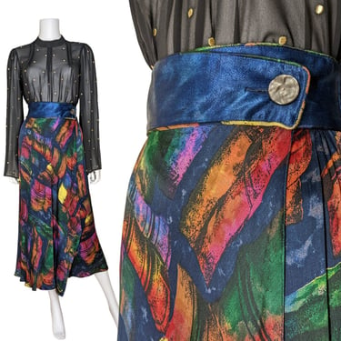 Vintage Colorful Wrap Skirt, Small / 90s Multi Color Abstract Print Skirt / High Waist Satin Midi Skirt 