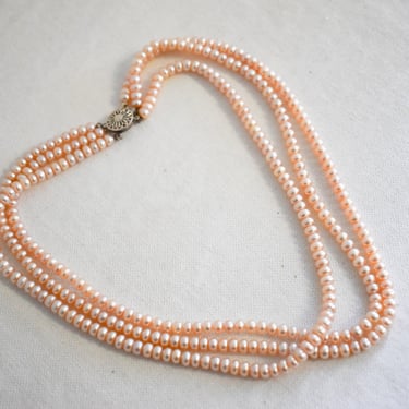 Vintage Peachy-Pink Faux Pearl Three Strand Necklace with Sterling Clasp 