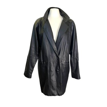 Vintage 80s 90s Savannah Genuine Real Black Leather Oversized Jacket Coat Medium 