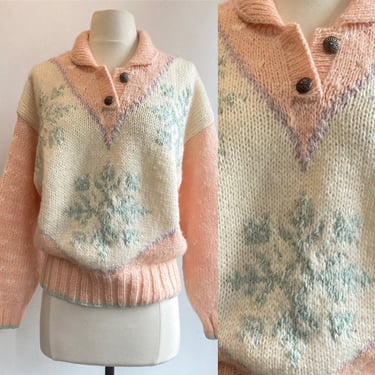 Vintage 80s SLOUCHY SNOWFLAKE Henley Sweater /  Pastel Slub Knit / LIZWEAR 