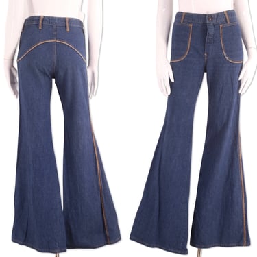 70s saddle stitch denim bell bottoms jeans 29, vintage 1970s dark denim bells, 70s flares pants sz 4-6 