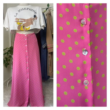 1990s Pink Skirt with Green Polka Dots | Button-Down Front | Size Medium | Vintage Retro Style 