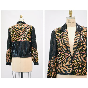 Vintage Sequin Jacket Black with Leopard Cheetah Animal Pattern// 80s 90s Vintage Black Sequin Beaded Jacket Animal The Icing Small Medium 
