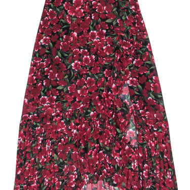 The Kooples - Red &amp; Black Floral Print Ruffle Trim Wrap Skirt Sz S