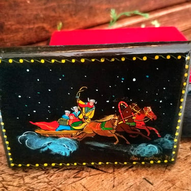 Signed Russian Black Lacquer Box~Sleigh & Horses~Authentic Russian Hand painted box~Russian Folk Art~JewelsandMetals 
