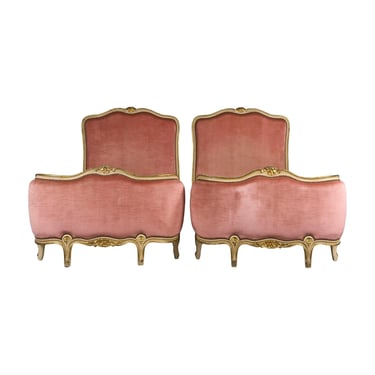 DELIVERY CHARGE French Louis XV Style Painted Twin Size Bedframes W/ Rose Velvet - A Pair 