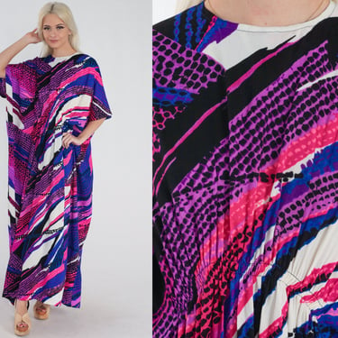 70s Caftan Dress Abstract Print Maxi Dress Long Flowy Tent Cocoon Dress Kimono Sleeve Festival Pink Purple Blue Vintage 1970s Medium Large 