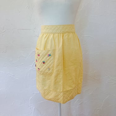 50s Cute Plastic Fruit Charm Yellow Quilted Half Apron 