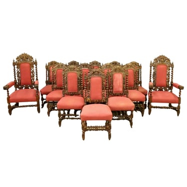Antique Chairs, Dining, 14, Continental Oak Barley Twist, Upholstered, 1800s!!
