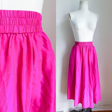 Vintage 1980s Hot Pink Silk Midi Skirt / M 