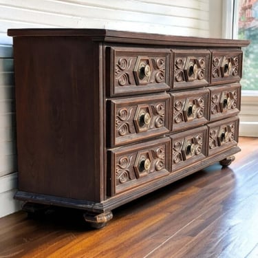 Vintage Dresser, Lowboy, Spanish Revival, Rustic, Ornate, Mid Century, Regency, 9 Drawers 