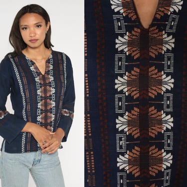 Embroidered Hippie Shirt Navy Blue Guatemalan Embroidered Top Aztec Mexican Blouse Tunic Shirt Long Sleeve Bohemian Vintage Boho Small 