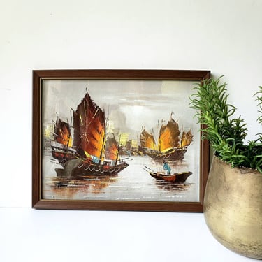 Vintage Coastal Nautical Original Painting/ Ships in Harbor/ Framed, Signed Portrait/ Hand Painted Ocean Scene / Gallery Wall/ Beach House 