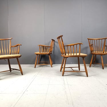 WKS 7 Armchairs with Wickerwork Seat by Arno Lambrecht for Wk Möbel, Germany, 1950s - set of 4 - antique armchairs - spindle dining chairs 