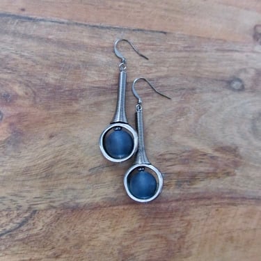 Mid century modern earrings navy blue frosted glass and gunmetal earrings 