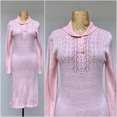 Vintage 1960s Pink Knit Dress, Long Sleeve Acrylic Pointelle Sweater Dress, Small to Medium 