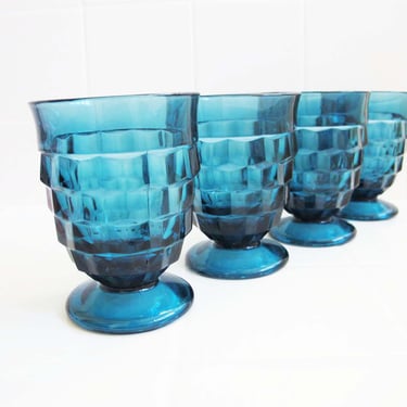 Vintage Whitehall Cube Riviera Blue Juice Glass Tumblers set of 4 - 1970s Dark Blue Faceted Glass Dinner Party Drink Wine Goblets 