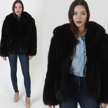 Chubby Black Fox Fur Coat, Corded Heavyweight Winter Ski Jacket, Large Shawl Roll Collar, Vintage 70s Ski Trip Waistcoat 