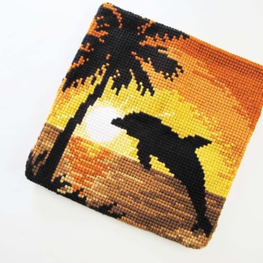 Vintage 70s Dolphin Jumping Sunset Palm Tree Needlepoint Pillow Cover 14x14 - 1970s Tropical Square Embroidered Throw Accent Pillow 