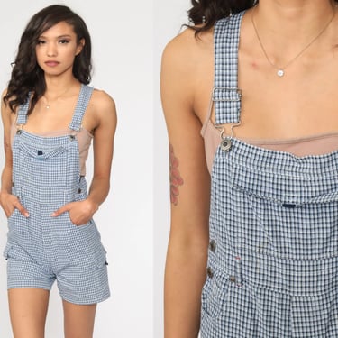 Plaid Short Overalls Blue Checkered Overalls 90s Shortalls Woman Faded Glory Vintage Plaid Print Romper Playsuit Suspender Extra Small xs 