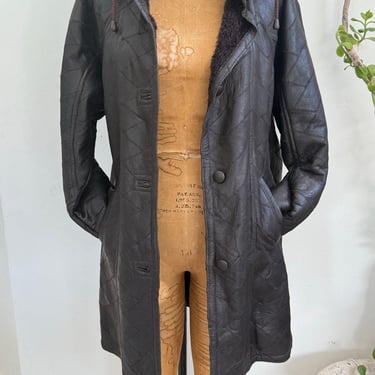 Vintage Shearling Patchwork Leather Coat | Quilted Design with Fur Interior | 70s-Style Statement Outerwear Leather Coat 