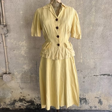 Vintage 1930s Yellow Linen Dress Set Blouse & Skirt Celluloid Buttons Sportswear