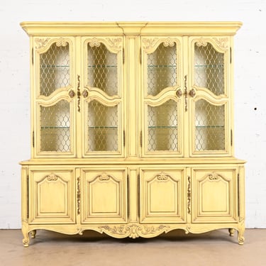 Karges French Provincial Louis XV Cream Lacquered Breakfront Bookcase Cabinet, Circa 1960s