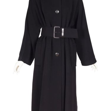 Genny 1980s Vintage Black Wool Belted Long Coat Sz M 