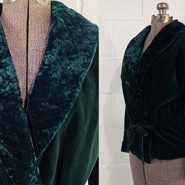 Vintage Nine to Five Velvet Quilted Smoking Jacket Blazer Cropped Dark Forest Green Long Sleeve Coat Tie Waist 1980s Medium Large 