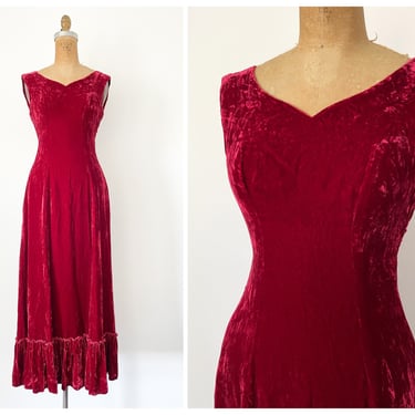 Vintage 1960’s gothic blood red velvet maxi dress, silky rayon velvet | fitted, sleeveless with ruffle hem, XXS/XS 