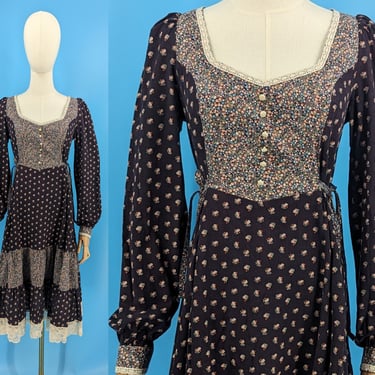 Vintage 70s Prairie Style Long Sleeve Peasant Midi Dress - Seventies Small / Medium Navy Floral Calico Side Tie Dress 