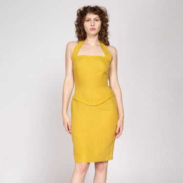 Small 90s Mustard Yellow Linen Halter Dress | Vintage Fitted Cocktail Party Mini Dress 