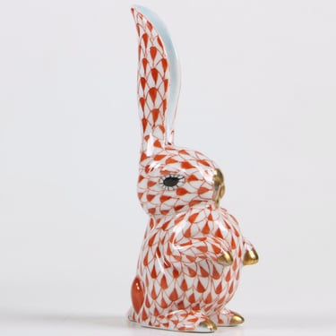 Herend Hungary Animal Figurines |  Rust Fishnet Porcelain Bunny Rabbit Statue 3525  | 4 Inch Collectible Cabinet Accent 