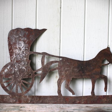 Antique American Hand Made Folk Art Metal Trade Sign Horse and Buggy Coach Harness Silhouette 