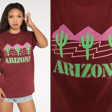Vintage Arizona T-Shirt 80s Burgundy Saguaro Cactus Desert T Shirt Graphic Tee Tourist Tshirt Single Stitch 1980s Screen Stars Medium Large 