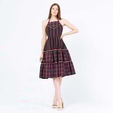 Vintage 70s Red & Black Plaid Fit Flare Halter Midi Dress - Small | Rockabilly Square Dance Dress, Retro Cottagecore Tiered Sundress 
