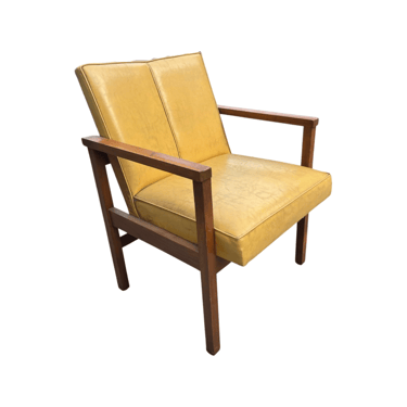 Danish Mid-Century Modern Wood Framed Yellow Vinyl Arm Chair