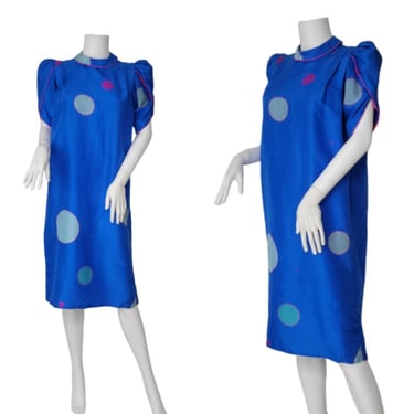 1980's Royal Blue Raw Silk Polka Dot Shirt Dress I Sz med Flora Kung Advance 